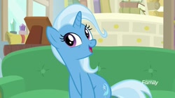 Size: 1600x900 | Tagged: safe, derpibooru import, screencap, trixie, pony, unicorn, road to friendship, book, discovery family logo, drawer, female, mare, open mouth, sofa, solo