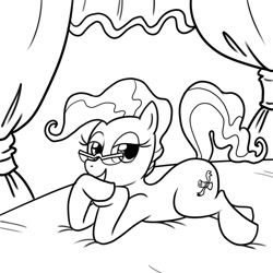 Size: 1000x1000 | Tagged: safe, artist:madmax, mayor mare, earth pony, pony, bed, bedroom eyes, glasses, lineart, monochrome, solo