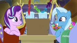 Size: 1920x1080 | Tagged: safe, derpibooru import, screencap, starlight glimmer, trixie, pony, unicorn, road to friendship, discovery family logo, eye contact, female, flower, hammock, looking at each other, mare, smiling, trixie's wagon