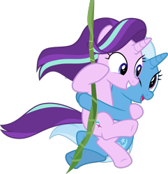 Size: 5785x6003 | Tagged: safe, artist:jhayarr23, derpibooru import, starlight glimmer, trixie, pony, unicorn, road to friendship, absurd resolution, cute, diatrixes, female, glimmerbetes, mare, simple background, starsass glimmer, starzan, swinging, transparent background, vector, vine, vine swinging