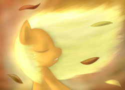 Size: 1111x800 | Tagged: safe, artist:lamia, applejack, earth pony, pony, eyes closed, leaves, solo, wind, windswept mane