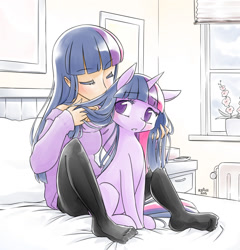 Size: 1104x1152 | Tagged: safe, artist:reavz, twilight sparkle, unicorn twilight, human, pony, unicorn, bed, clothes, colored pupils, cute, eyes closed, feet, female, human ponidox, humanized, light skin, looking back, mare, pantyhose, self ponidox, sitting, sniffing, socks, stockings, sweater, thigh highs