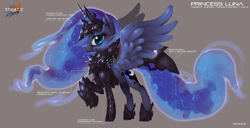 Size: 1946x1000 | Tagged: safe, artist:xennos, princess luna, alicorn, pony, armor, frown, looking at you, raised hoof, solo, spread wings, trinity: rebirth