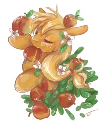 Size: 1224x1368 | Tagged: safe, artist:fyrecalla, applejack, earth pony, pony, apple, eyes closed, flower, solo, that pony sure does love apples