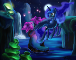 Size: 1349x1075 | Tagged: safe, artist:marcylin1023, princess luna, alicorn, pony, do princesses dream of magic sheep, dream, female, flower, giant flower, glowing flower, luna's dream, mare, moon, night, solo, surreal, waterfall