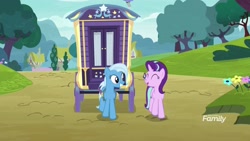 Size: 1920x1080 | Tagged: safe, derpibooru import, screencap, starlight glimmer, trixie, pony, unicorn, road to friendship, discovery family logo, female, mare, trixie's wagon