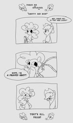 Size: 647x1082 | Tagged: safe, artist:egophiliac, applejack, pinkie pie, earth pony, pony, comic, joke, monochrome, pun