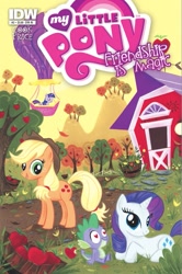 Size: 599x904 | Tagged: safe, artist:stephbuscema, derpibooru import, idw, applejack, rarity, spike, twilight sparkle, dragon, earth pony, pony, unicorn, comic, cover, female, hot air balloon, male, official, official comic, shipping, sparity, straight, sweet apple acres, twinkling balloon