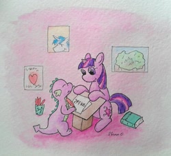 Size: 957x869 | Tagged: safe, artist:phano, shining armor, spike, twilight sparkle, dragon, pony, unicorn, baby spike, filly twilight sparkle, quill, traditional art, writing