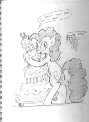 Size: 747x1024 | Tagged: safe, artist:docwario, fluttershy, pinkie pie, earth pony, pegasus, pony, cake, dancing, dialogue, duo, female, food, hug, looking at you, mare, monochrome, pencil drawing, solo focus, speech bubble, traditional art
