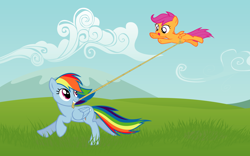 Size: 2560x1600 | Tagged: safe, artist:capt-nemo, rainbow dash, scootaloo, pegasus, pony, assisted flying, rope, scootaloo can't fly, scootalove, towing