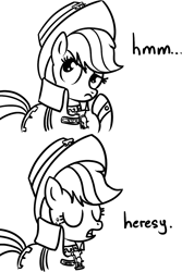 Size: 763x1140 | Tagged: safe, artist:miketheuser, applejack, earth pony, pony, comic, crossover, dialogue, heresy, imperium, inquisition, inquisitor, monochrome, reaction image, simple background, warhammer (game), warhammer 40k, white background