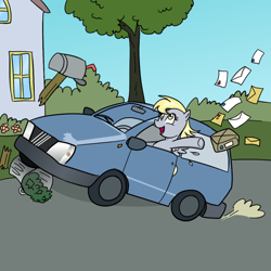 Size: 1000x1000 | Tagged: safe, artist:madmax, derpy hooves, pegasus, pony, car, crash, crashing, derpy driving, driving, feather, female, letter, mail, mailbox, mare, open mouth, package, smiling, solo, spread wings, throwing, trash can, wat, wings