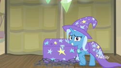 Size: 1920x1080 | Tagged: safe, derpibooru import, screencap, trixie, pony, unicorn, road to friendship, cape, chains, clothes, discovery family logo, female, hat, mare, solo, trixie's cape, trixie's hat