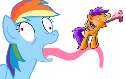 Size: 745x466 | Tagged: safe, pinkie pie, rainbow dash, scootaloo, earth pony, pegasus, pony, impossibly long tongue, tongue out, wat