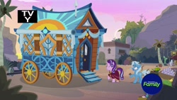 Size: 1920x1080 | Tagged: safe, derpibooru import, screencap, starlight glimmer, trixie, pony, unicorn, road to friendship, clothes, discovery family logo, female, hoo'far's wagon, mare, messy mane, robe