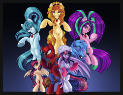 Size: 2500x1943 | Tagged: safe, artist:blackfreya, adagio dazzle, aria blaze, princess luna, sonata dusk, twilight sparkle, twilight sparkle (alicorn), oc, oc:mayday parker sparkle, alicorn, pony, amethyst sorceress, crossover, crossover shipping, offspring, parent:peter parker, parent:twilight sparkle, parents:spidertwi, peter parker, spider-man, spiders and magic iv: the fall of spider-mane, spiders and magic: rise of spider-mane, spidertwi, the dazzlings