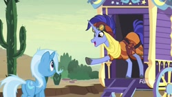 Size: 1920x1080 | Tagged: safe, derpibooru import, screencap, hoo'far, trixie, pony, saddle arabian, unicorn, road to friendship, cactus, discovery family logo, duo, female, male, mare, saguaro cactus, stallion, trixie's wagon