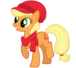 Size: 789x700 | Tagged: safe, applejack, earth pony, pony, clothes, hat, official, raised hoof, scarf, simple background, solo, vector, winter