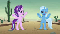 Size: 1280x720 | Tagged: safe, derpibooru import, screencap, starlight glimmer, trixie, pony, unicorn, road to friendship, cactus, desert, duo, female, mare, road, saguaro cactus, standing