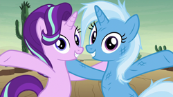 Size: 1280x720 | Tagged: safe, derpibooru import, screencap, starlight glimmer, trixie, pony, unicorn, road to friendship, cactus, duo, female, mare, saguaro cactus, smiling