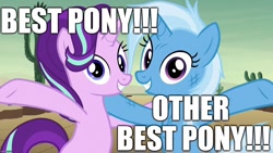 Size: 1280x720 | Tagged: safe, derpibooru import, edit, edited screencap, editor:useraccount, screencap, starlight glimmer, trixie, pony, unicorn, road to friendship, best pony, duo, excessive exclamation marks, female, image macro, mare, meme, smiling