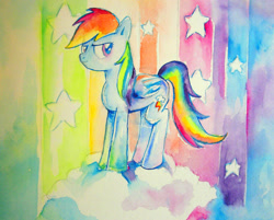 Size: 1976x1588 | Tagged: safe, artist:lotothetrickster, rainbow dash, pegasus, pony, solo, traditional art, watercolor painting