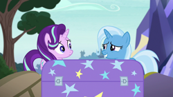 Size: 1280x720 | Tagged: safe, derpibooru import, screencap, starlight glimmer, trixie, pony, unicorn, road to friendship, chest, duo, female, mare