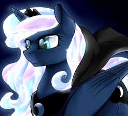 Size: 2048x1862 | Tagged: safe, artist:baldmoose, princess luna, alicorn, pony, alternate hairstyle, cloak, clothes, ethereal mane, glowing mane, solo