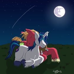 Size: 1000x1000 | Tagged: safe, artist:babylevithan, big macintosh, shining armor, earth pony, pony, unicorn, gay, male, mare in the moon, moon, night, shiningmac, shipping, shooting star, stallion