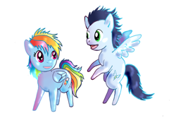 Size: 1024x683 | Tagged: safe, artist:lotothetrickster, rainbow dash, soarin', pegasus, pony, female, filly, foal, male, shipping, soarindash, straight