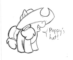 Size: 815x673 | Tagged: safe, artist:elosande, applejack, earth pony, pony, applejack's hat, filly, foal, hat, monochrome, solo, traditional art