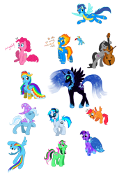 Size: 1250x1857 | Tagged: safe, artist:c-puff, derpibooru import, dj pon-3, fizzy, nightmare moon, octavia melody, pinkie pie, rainbow dash, scootaloo, soarin', spitfire, trixie, twilight sparkle, vinyl scratch, earth pony, pegasus, pony, g1, bipedal, blood, cello, clothes, dialogue, dress, eyes closed, flying, gala dress, goggles, headphones, musical instrument, nosebleed, nothing at all, simple background, sketch dump, the simpsons, transparent background, wonderbolts, wonderbolts uniform