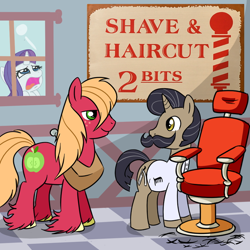 Size: 640x640 | Tagged: safe, artist:justbrie101, artist:madmax, edit, big macintosh, rarity, oc, earth pony, pony, unicorn, barber, long hair, male, moustache, shave and a haircut, stallion, sweeney trott, unshorn fetlocks, why