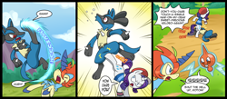 Size: 1700x743 | Tagged: safe, artist:madmax, rarity, pony, unicorn, clothes, comic, crossover, female, groin attack, keldeo, keldity, lucario, mare, ouch, pokemans pink, pokémon, rotom