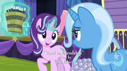 Size: 1920x1080 | Tagged: safe, derpibooru import, screencap, starlight glimmer, trixie, pony, unicorn, road to friendship, bucket, duo, female, glowing horn, josh haber, magic, magic aura, mare, opening credits, telekinesis