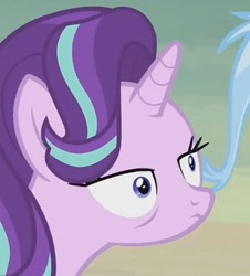 Size: 407x450 | Tagged: safe, derpibooru import, screencap, starlight glimmer, trixie, pony, unicorn, road to friendship, faic, female, image macro, mare, solo focus, wait what, what the fuck man