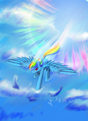 Size: 1275x1755 | Tagged: safe, artist:dalagar, rainbow dash, pegasus, pony, cloud, female, flying, mare, sky, solo, sonic rainboom, spread wings, wings