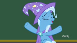 Size: 1920x1080 | Tagged: safe, derpibooru import, screencap, trixie, pony, unicorn, a matter of principals, cape, clothes, discovery family logo, female, hat, mare, solo, trixie's cape, trixie's hat