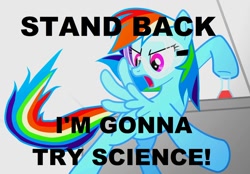 Size: 1000x696 | Tagged: safe, rainbow dash, pegasus, pony, female, flask, mare, missing cutie mark, open mouth, safety goggles, science, solo, spread wings, text, wings