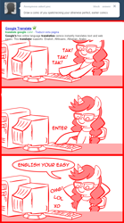 Size: 612x1100 | Tagged: safe, artist:madmax, oc, oc only, oc:madmax, pony, unicorn, comic, computer, female, glasses, google, google translate, hooves behind head, lol, madmax silly comic shop, mare, misspelling of you're, omg, ponysona, self deprecation, self portrait, solo, tumblr, xd