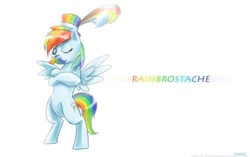 Size: 500x313 | Tagged: safe, rainbow dash, pegasus, pony, blue coat, blue wings, female, mare, mousdash, moustache, multicolored mane, simple background, smiling, solo