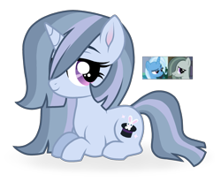 Size: 1305x1077 | Tagged: safe, artist:unoriginai, derpibooru import, marble pie, trixie, oc, pony, unicorn, adoptable, crack shipping, female, filly, lesbian, magical lesbian spawn, marbixie, offspring, parent:marble pie, parent:trixie, parents:marbixie, screencap reference, shipping, simple background, transparent background