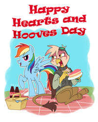 Size: 1200x1500 | Tagged: safe, artist:madmax, rainbow dash, oc, oc:paharita, griffon, pegasus, pony, fallout equestria, fallout equestria: anywhere but here, cardboard cutout, fanfic, fanfic art, female, happy, hearts and hooves day, hooves, mare, ministry mares, open mouth, picnic, text, wings