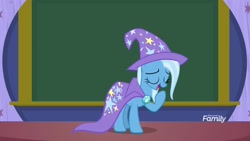 Size: 1920x1080 | Tagged: safe, derpibooru import, screencap, trixie, pony, unicorn, a matter of principals, cape, clothes, discovery family logo, eyes closed, female, hat, mare, solo, trixie's cape, trixie's hat