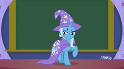 Size: 1920x1080 | Tagged: safe, derpibooru import, screencap, trixie, pony, unicorn, a matter of principals, cape, chalkboard, clothes, discovery family logo, hat, solo, trixie's cape, trixie's hat