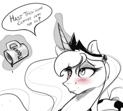 Size: 820x740 | Tagged: safe, artist:asadama, princess luna, alicorn, pony, 4chan, bedroom eyes, blushing, coffee, coffee mug, levitation, luna loves coffee, magic, monochrome, royalty, smiling, solo, tired