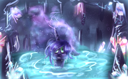 Size: 1920x1200 | Tagged: safe, artist:karmamoonshadow, princess luna, alicorn, pony, cave, floppy ears, grotto, hot springs, magic, solo, water, wet mane