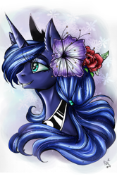 Size: 1547x2327 | Tagged: safe, artist:karmamoonshadow, princess luna, alicorn, pony, flower, flower in hair, portrait, smiling, solo