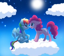 Size: 2912x2550 | Tagged: safe, artist:jacky-bunny, pinkie pie, rainbow dash, earth pony, pegasus, pony, cloud, cloudy, female, high res, lesbian, moon, night, pinkiedash, shipping, stars